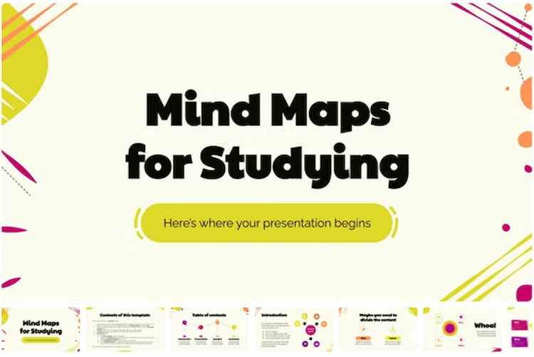 A SlidesGo presentation template for mind maps is displayed in a colourful and student-friendly layout